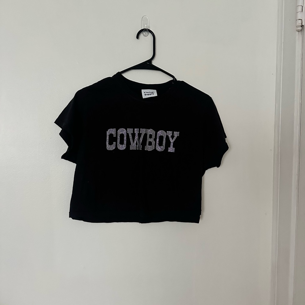 Black Bedazzled Cowboy Crop T-Shirt
